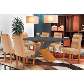 Conjunto: Mesa de Cozinha Imperatriz Tampo Madeirado c/ Vidro Curvo 180x90 e 6 Cadeiras Imperatriz Imbuia/Suede Capuccino - Rufato