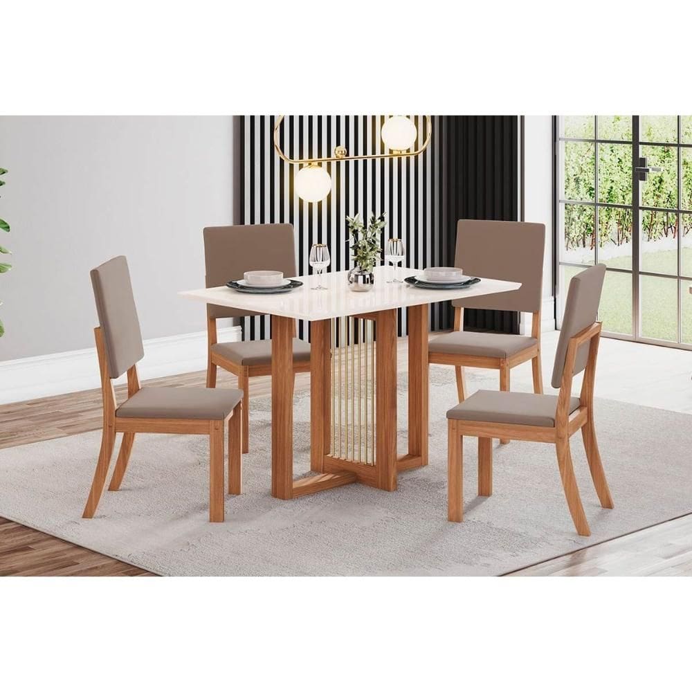 Conjunto: Mesa de Cozinha Natalí c/ Tampo Madeirado Reto s/ Vidro 120x80cm e 4 Cadeiras Milla Nature/Off White - Suede Marrom - Henn