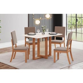Conjunto: Mesa de Cozinha Natalí c/ Tampo Madeirado Reto s/ Vidro 120x80cm e 4 Cadeiras Milla Nature/Off White - Suede Marrom - Henn