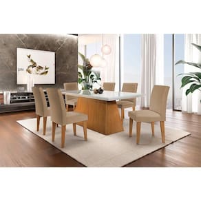Conjunto: Mesa de Cozinha Luna Tampo Madeirado c/ Vidro Canto Reto 180x90cm e 6 Cadeiras Grécia Capuccino/Linho Bege Turim - Rufato