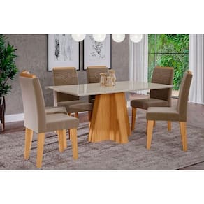 Conjunto: Mesa de Cozinha Patricia c/ Tampo Madeirado c/ Vidro Canto Reto 160x80cm e 6 Cadeiras Taís Nature/Off White-Suede Joli Capuccino - Cimol