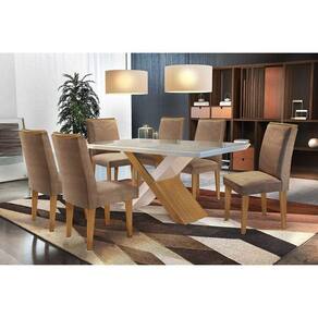 Conjunto: Mesa de Cozinha Imperatriz Tampo Madeirado c/ Vidro Canto Reto 180x90cm e 6 Cadeiras Lunara Imbuia/Suede Capuccino - Rufato