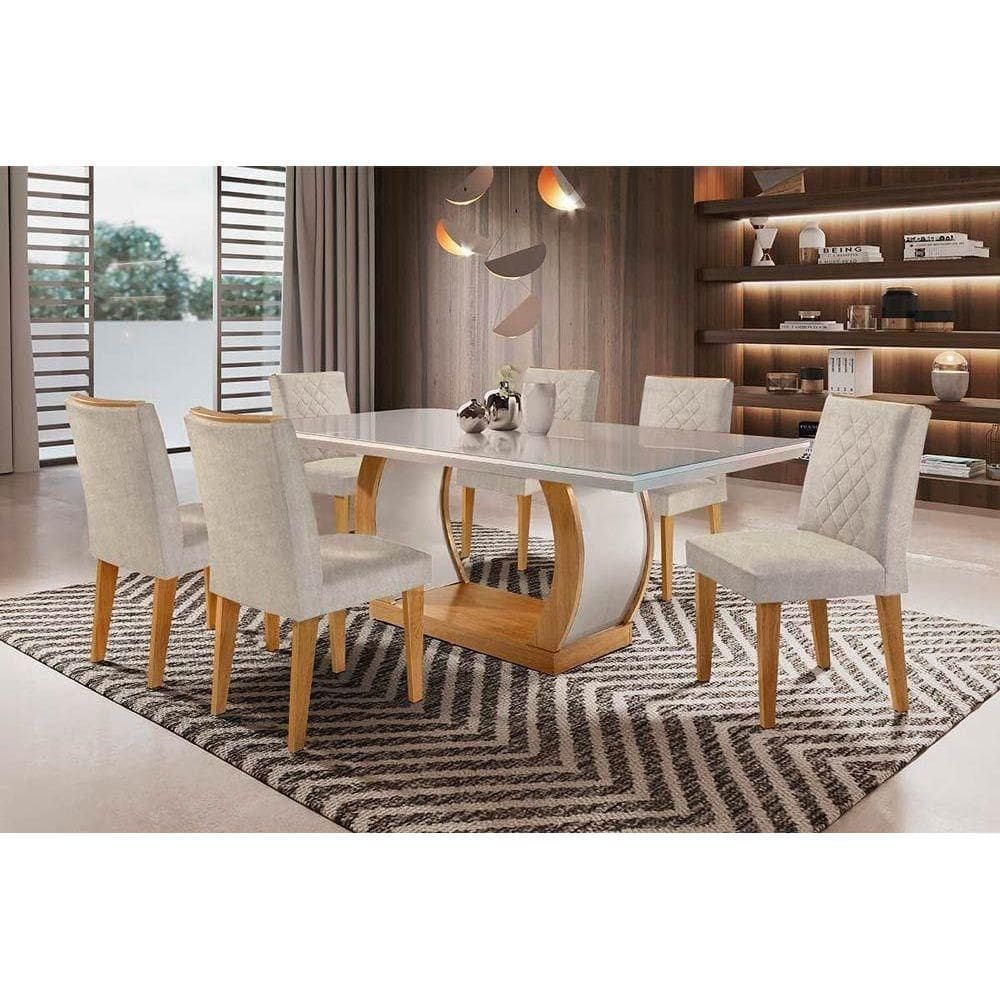 Conjunto: Mesa de Cozinha Jade Tampo Madeirado c/ Vidro Canto Curvo 180x90cm e 6 Cadeiras Jade Capuccino/Suede Creme - Rufato