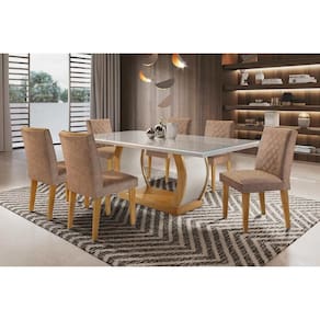 Conjunto: Mesa de Cozinha Jade Tampo Madeirado c/ Vidro Canto Curvo 180x90cm e 6 Cadeiras Jade Capuccino/Linho Bege Turim - Rufato