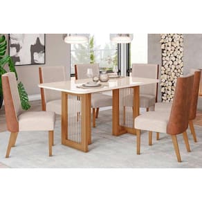 Conjunto: Mesa de Cozinha Yara c/ Tampo Madeirado c/ Vidro Curvo 160x90cm e 6 Cadeiras Anne Nature/Courano/Linho - Henn