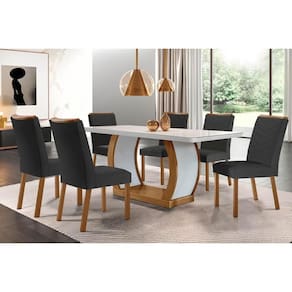 Conjunto: Mesa de Cozinha Jade Tampo Madeirado c/ Vidro Canto Curvo 180x90 e 6 Cadeiras Londrina Imbuia/Off White - Suede Grafite - Rufato