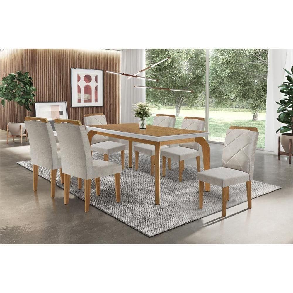 Conjunto: Mesa de Cozinha Londrina Tampo Madeirado c/ Vidro 180x90cm e 6 Cadeiras Melissa Capuccino/Suede Creme - Rufato