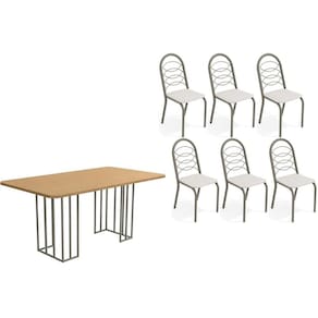 Conjunto: Mesa de Cozinha Duina c/ Tampo de Madeira 160cm e 6 Cadeiras Holanda Niquel/Freijo - Courano Branco - Kappesberg