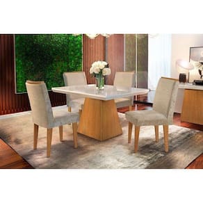 Conjunto: Mesa de Cozinha Luna Tampo Madeirado c/ Vidro Canto Reto 120x80cm e 4 Cadeiras Lunara Capuccino/Suede Capuccino - Rufato