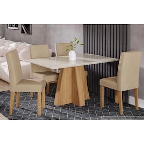 Conjunto: Mesa de Cozinha Patricia c/ Tampo Madeirado c/ Vidro Canto Reto 130x80cm e 4 Cadeiras Maia Nature /Off White-Suede Gengibre Bege - Cimol