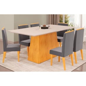 Conjunto: Mesa Sala Jantar Dulce Tampo Madeirado c/ Vidro Reto 180x90cm e 6 Cadeiras Lia Cedro/Off White - Suede Lunar - DJ Móveis