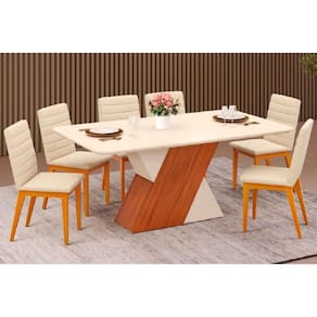Conjunto: Mesa Sala Jantar Rubi c/ Tampo Madeirado c/ Vidro 170x90cm e 6 Cadeiras Sofia Freijo/Off White/Off White - Ipe/Linho Neve - DJ Móveis