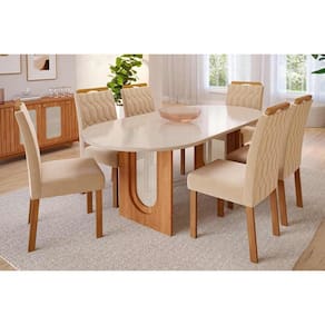 Conjunto: Mesa de Cozinha Valentina Tampo Madeirado Oval c/ Vidro 210x100cm e 6 Cadeiras Paola Cinamomo/Off White - Savana/Nature-Suede Nude - Cimol