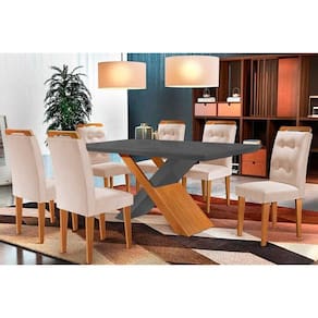 Conjunto: Mesa de Cozinha Imperatriz Tampo Madeirado c/ Vidro Curvo 180x90 e 6 Cadeiras Imperatriz Imbuia/Suede Creme - Rufato