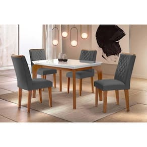 Conjunto: Mesa de Cozinha Londrina Tampo Madeirado c/ Vidro 120x80cm e 4 Cadeiras Jade Imbuia/Grafite - Rufato