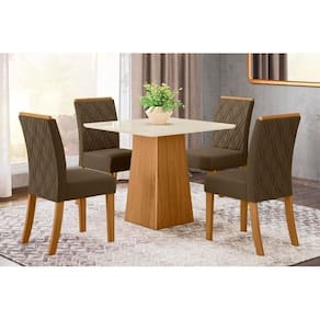 Conjunto: Mesa de Cozinha Dora Tampo Madeirado 90x90cm e 4 Cadeiras Vita Nature/Suede Light Bege - Henn