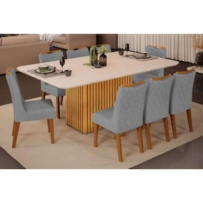 Conjunto: Mesa Sala Jantar Canes Tampo Madeirado c/ Vidro Curvo 200x100cm e 8 Cadeiras Stela Cedro/Off White - Ipe/Suede Lunar - DJ Móveis