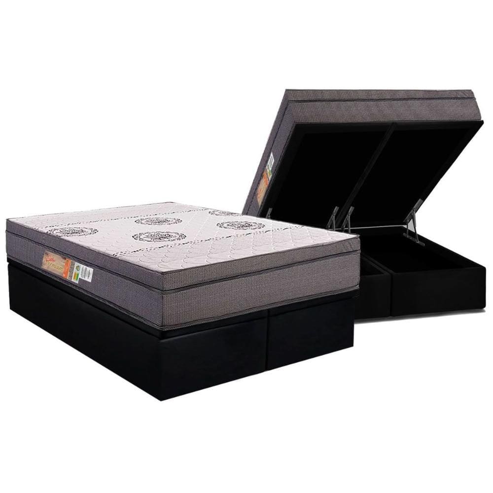 Cama Box Baú Queen: Colchão Ortopédico Polar D28 OrthoPremium Grey + Base CRC Suede Black (158x198)