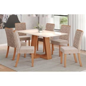 Conjunto: Mesa de Cozinha Lins c/ Tampo Madeirado Reto 160x90cm e 6 Cadeiras Esther Nature/Linho Creme - Henn