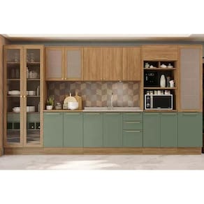 Kit de Cozinha Completa 8 Peças Botanic (2Aéreos+2Balcões+3Paneleiros+1Complemento) s/Pia C8P34 Nogueira/Verde Oliva - Kappesberg