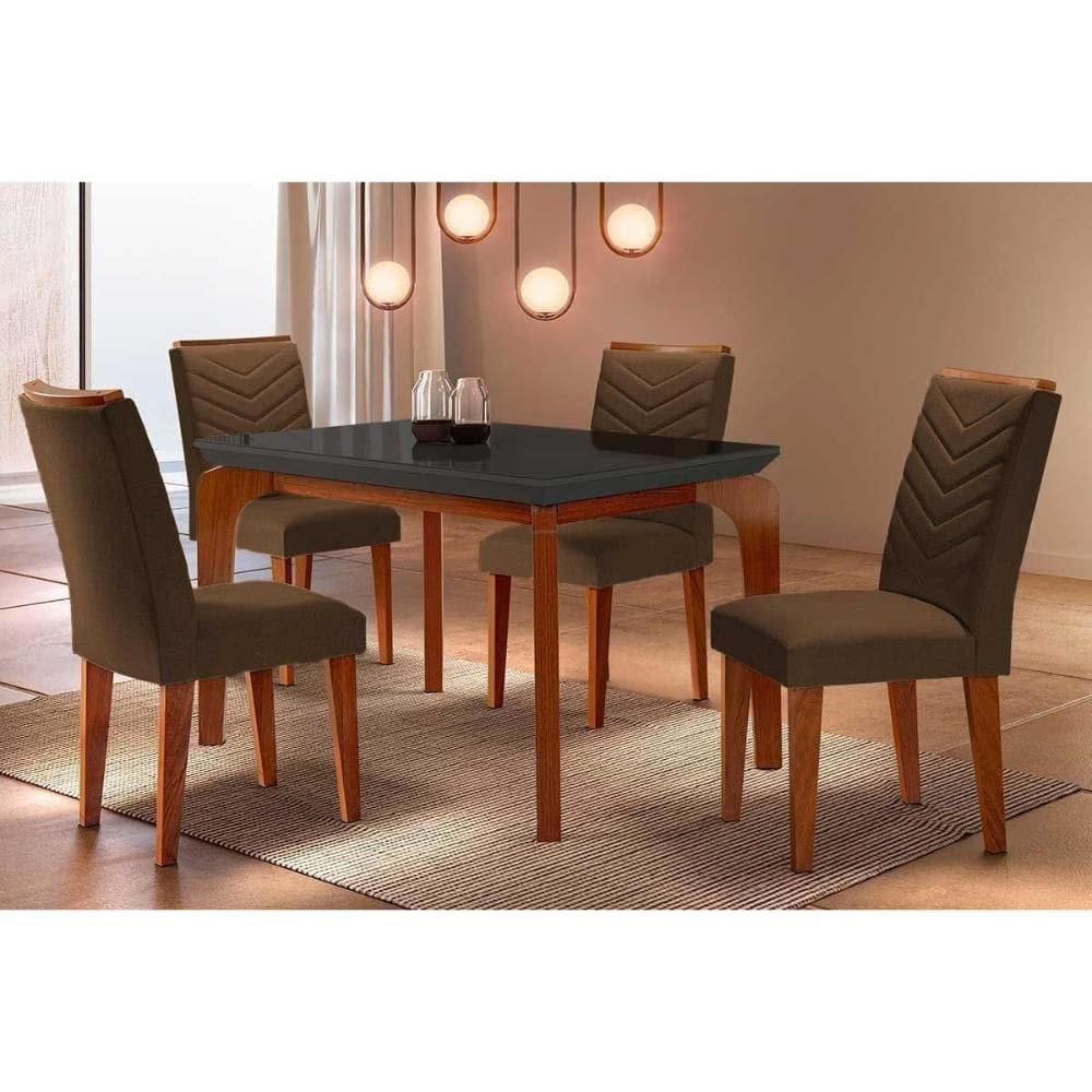 Conjunto: Mesa de Cozinha Londrina Tampo Madeirado c/ Vidro Curvo 120x80 e 4 Cadeiras Londrina Imbuia/Grafite - Suede Marrom - Rufato