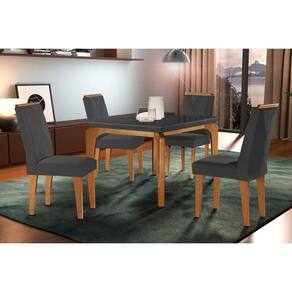 Conjunto: Mesa de Cozinha Londrina c/ Tampo Madeirado c/ Vidro Canto Reto 120x80cm e 4 cadeiras Amsterdã Imbuia/Grafite - Suede Grafite - Rufato