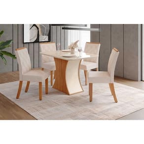 Conjunto: Mesa de Cozinha Luiza c/ Tampo de Vidro 120x80cm e 4 Cadeiras Vita Nature/Off White - Linho Bege - Henn