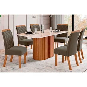 Conjunto: Mesa de Cozinha Solana c/ Tampo Madeirado c/ Vidro Reto 160x90cm e 6 Cadeiras Bella Nature/Suede Light Marrom Amendoa - Henn