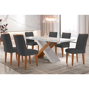 Conjunto: Mesa de Cozinha Imperatriz Tampo Madeirado c/ Vidro Canto Curvo 180x90 e 6 Cadeiras Londrina Imbuia/Off White - Linho Grafite - Rufato