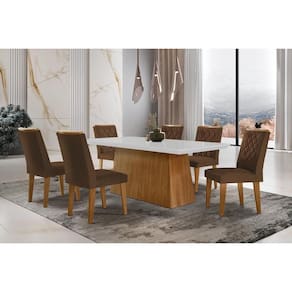 Conjunto: Mesa de Cozinha Luna c/ Tampo de Vidro Canto Curvo 180x90cm e 6 cadeiras Jade Imbuia/Off White - Suede Marrom - Rufato