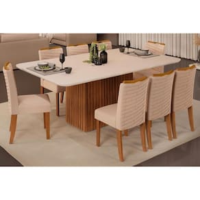 Conjunto: Mesa Sala Jantar Canes Tampo Madeirado c/ Vidro Curvo 200x100cm e 8 Cadeiras Julia Freijo/Off White - Suede Kraft - DJ Móveis