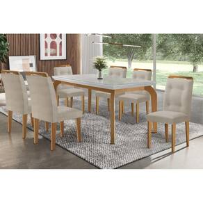 Conjunto: Mesa de Cozinha Londrina Tampo Madeirado c/ Vidro 180x90cm e 6 Cadeiras Imperatriz Capuccino/Linho Bege Turim - Rufato