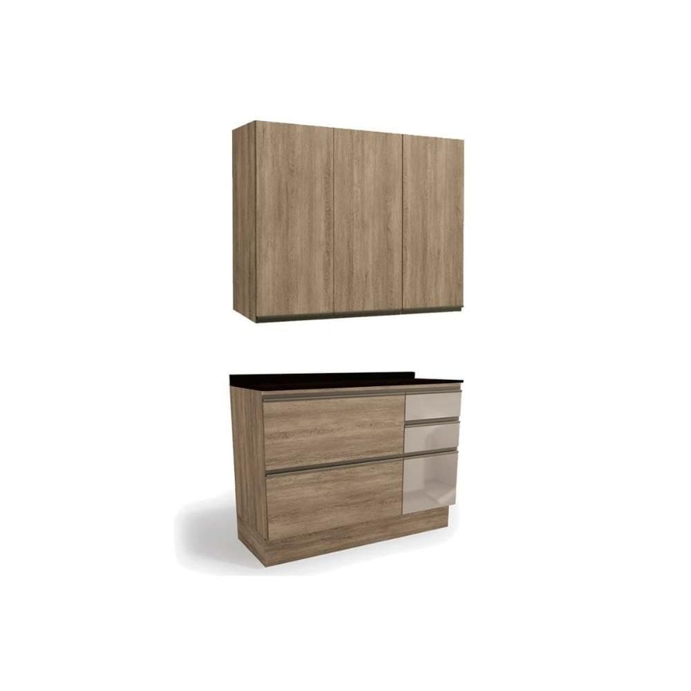 Cozinha Modulada Kappesberg Maxxi 3 Peças (1Aéreo+1Balcão+1Complemento) C3P12 Nogal/Preto-Kappesberg