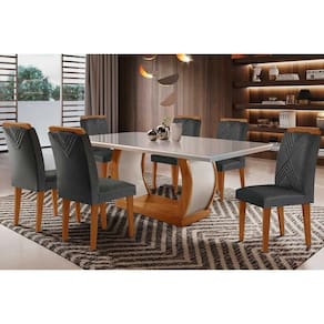 Conjunto: Mesa de Cozinha Jade Tampo Madeirado c/ Vidro Curvo 180x90 e 6 Cadeiras Amsterdã Capuccino/Suede Grafite - Rufato