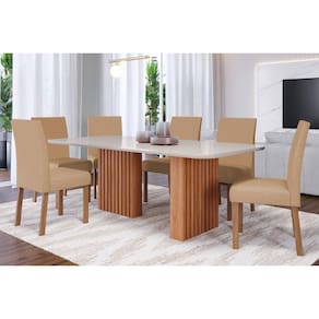 Conjunto: Mesa de Cozinha Ester c/ Tampo Madeirado c/ Vidro 180x90cm e 6 Cadeiras Maia Cinamomo/Suede Gengibre Bege - Cimol