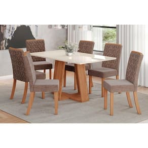 Conjunto: Mesa de Cozinha Lins c/ Tampo Madeirado c/ Vidro 160x90cm e 6 Cadeiras Esther Nature/Linho Cacao - Henn