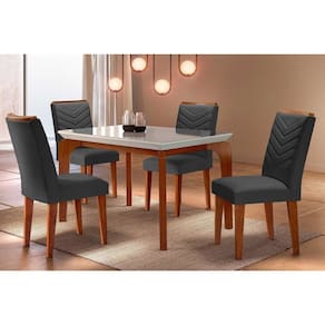 Conjunto: Mesa de Cozinha Londrina Tampo Madeirado c/ Vidro Reto 120x80 e 4 Cadeiras Londrina Capuccino/Suede Grafite - Rufato