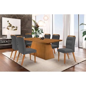 Conjunto: Mesa de Cozinha Luna c/ Tampo Madeirado Canto Curvo 180x90cm e 6 cadeiras Imperatriz Capuccino/Suede Grafite - Rufato