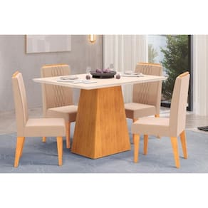 Conjunto: Mesa Sala Jantar Dulce Tampo Madeirado c/ Vidro Reto 120x90cm e 4 Cadeiras Lia Cedro/Off White - Suede Kraft - DJ Móveis