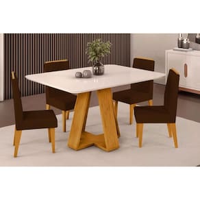 Conjunto: Mesa Sala Jantar Celeste Tampo Madeirado c/ Vidro Curvo 120x90cm e 4 Cadeiras Lia Cedro/Off White - Suede Moca - DJ Móveis
