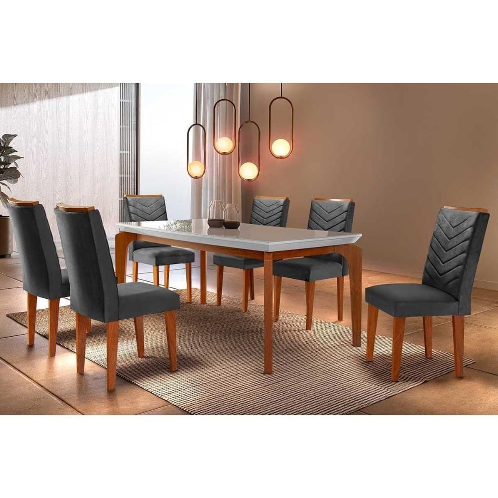 Conjunto: Mesa de Cozinha Londrina Tampo Madeirado c/ Vidro Curvo 180x90cm e 6 Cadeiras Londrina Imbuia/Off White - Linho Grafite - Rufato