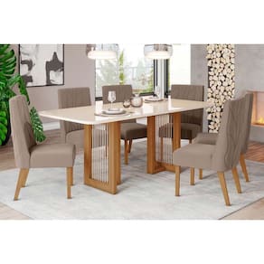 Conjunto: Mesa de Cozinha Yara c/ Tampo Madeirado c/ Vidro Curvo 200x90cm e 6 Cadeiras Eloa Nature/Suede Light Marrom Amêndoa - Henn