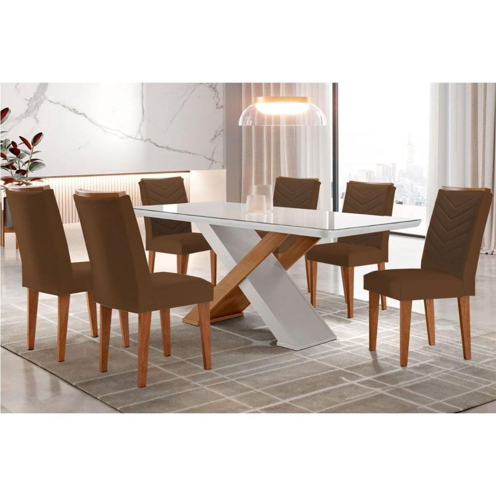Conjunto: Mesa de Cozinha Imperatriz Tampo Madeirado c/ Vidro Canto Curvo 180x90 e 6 Cadeiras Londrina Imbuia/Off White - Suede Marrom - Rufato