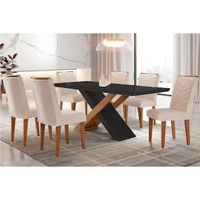 Conjunto: Mesa de Cozinha Imperatriz Tampo Madeirado c/ Vidro Canto Curvo 180x90 e 6 Cadeiras Londrina Imbuia/Grafite - Suede Creme - Rufato