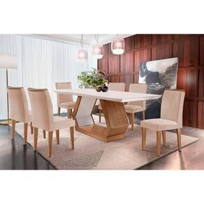 Conjunto: Mesa de Cozinha Alvorada c/ Tampo Madeirado Canto Reto 180x90cm e 6 Cadeiras Amsterdã Imbuia/Off White - Suede Creme - Rufato