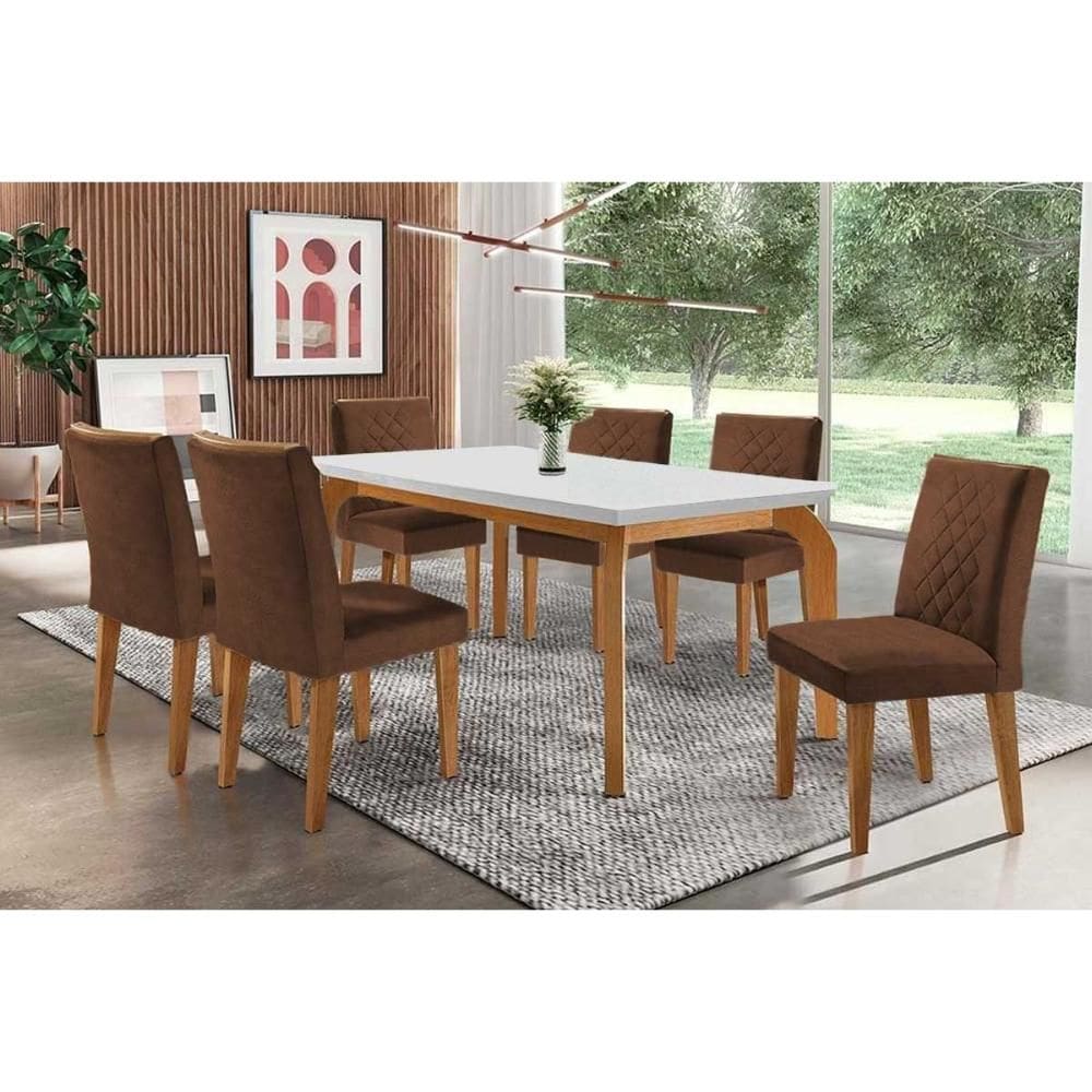 Conjunto: Mesa de Cozinha Londrina c/ Tampo Madeirado Canto Reto 180x90cm e 6 cadeiras Jade Imbuia-Capuccino/Suede Marrom - Rufato