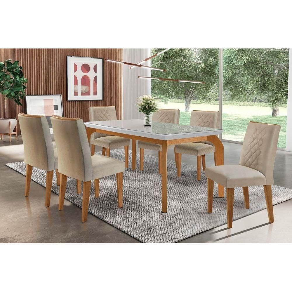 Conjunto: Mesa de Cozinha Londrina Tampo Madeirado c/ Vidro 180x90cm e 6 Cadeiras Jade Capuccino/Linho Bege Turim - Rufato