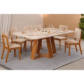 Conjunto: Mesa Sala Jantar Celeste Tampo Madeirado c/ Vidro Retangular 160x90cm e 6 Cadeiras Talia Freijo/Off White - Suede Creme - DJ Móveis