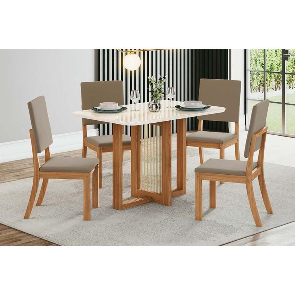 Conjunto: Mesa de Cozinha Natalí c/ Tampo Madeirado c/ Vidro Curvo 120x80cm e 4 Cadeiras Milla Nature/Suede Light Marrom Amêndoa - Henn