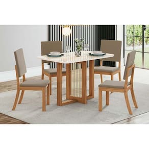 Conjunto: Mesa de Cozinha Natalí c/ Tampo Madeirado c/ Vidro Curvo 120x80cm e 4 Cadeiras Milla Nature/Suede Light Marrom Amêndoa - Henn